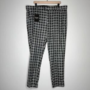 Boohoo Man Trouser‎ Pants 42R Grey Big Tall Skinny Fit Gingham Office Event